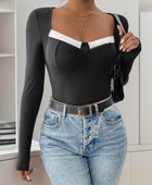 Perfee Ribbed Contrast Long Sleeve Bodysuit