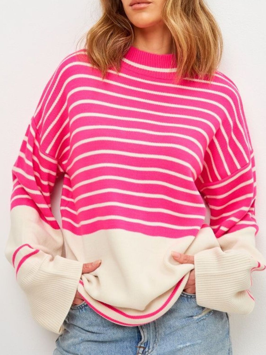 Striped Mock Neck Long Sleeve Sweater - Body By J'ne