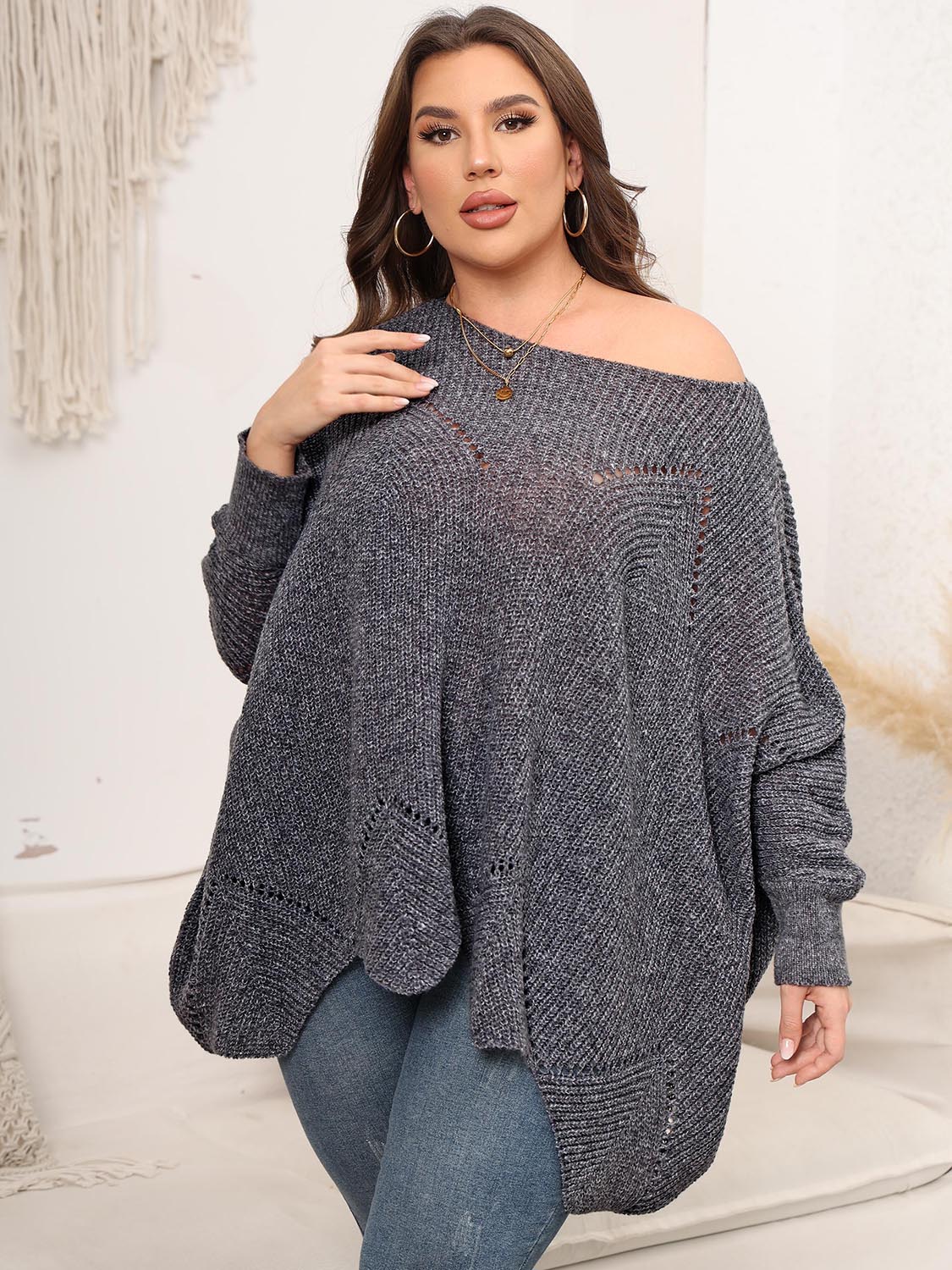 Plus Size Round Neck Batwing Sleeve Sweater - Body By J'ne