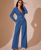 Plunge Long Sleeve Wide Leg Denim Jumpsuit