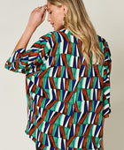 Full Size Geometric Notched Raglan Sleeve Blouse - Body By J'ne