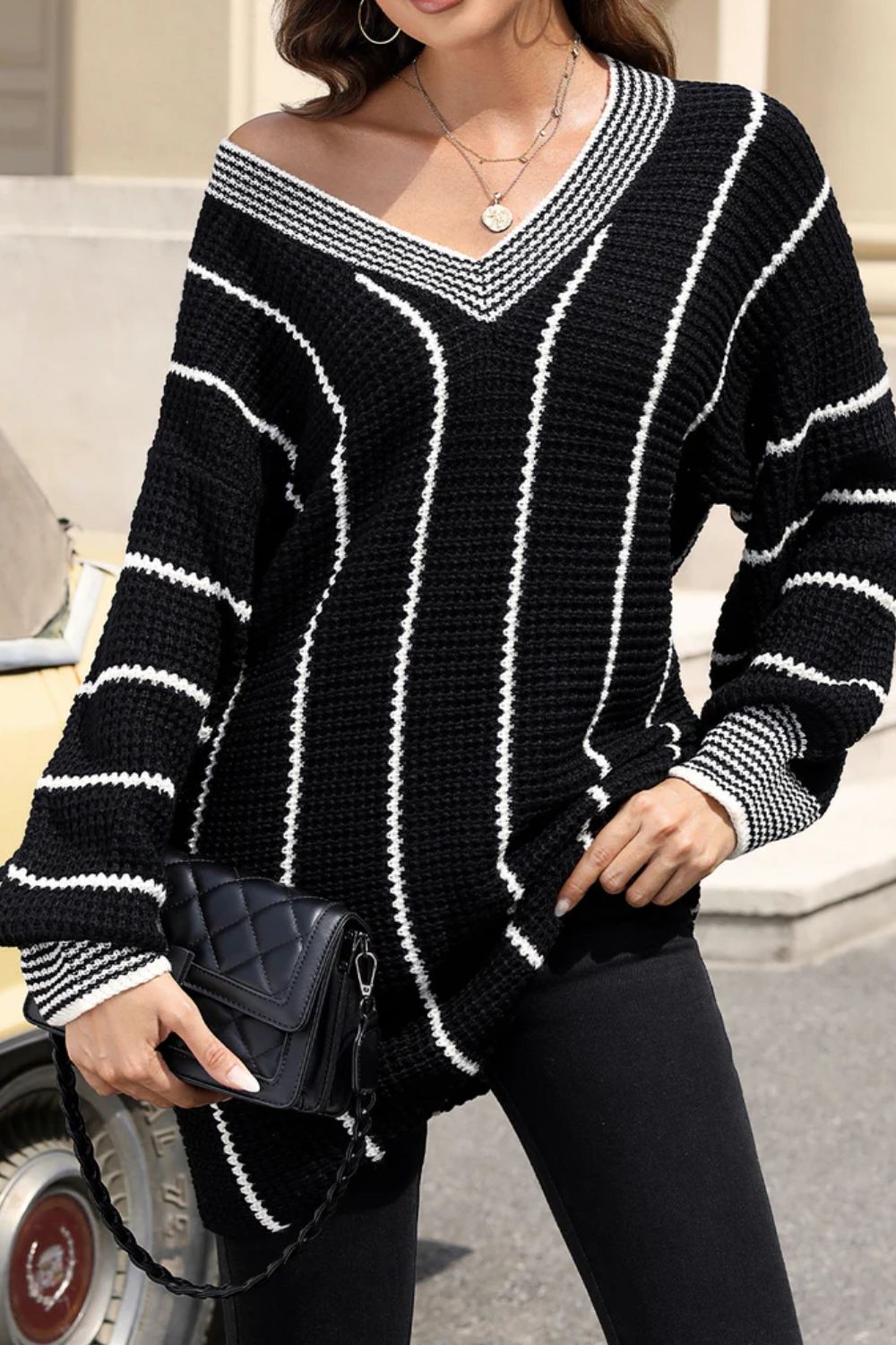 Striped V-Neck Long Sleeve Sweater - Body By J'ne