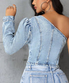 One Shoulder Long Sleeve Denim Top