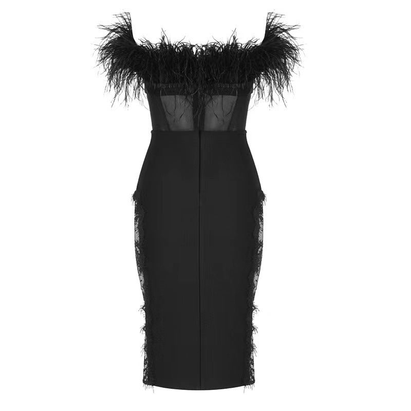 Feather Top and Mesh Lace Bandage Dress - Body By J'ne