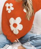 Round Neck Floral Pattern Color Contrast  Design Long Sleeve Sweater - Body By J'ne