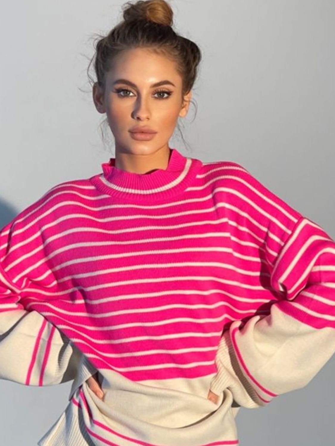 Striped Mock Neck Long Sleeve Sweater - Body By J'ne