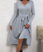 Surplice Tie Waist Long Sleeve Midi Dress