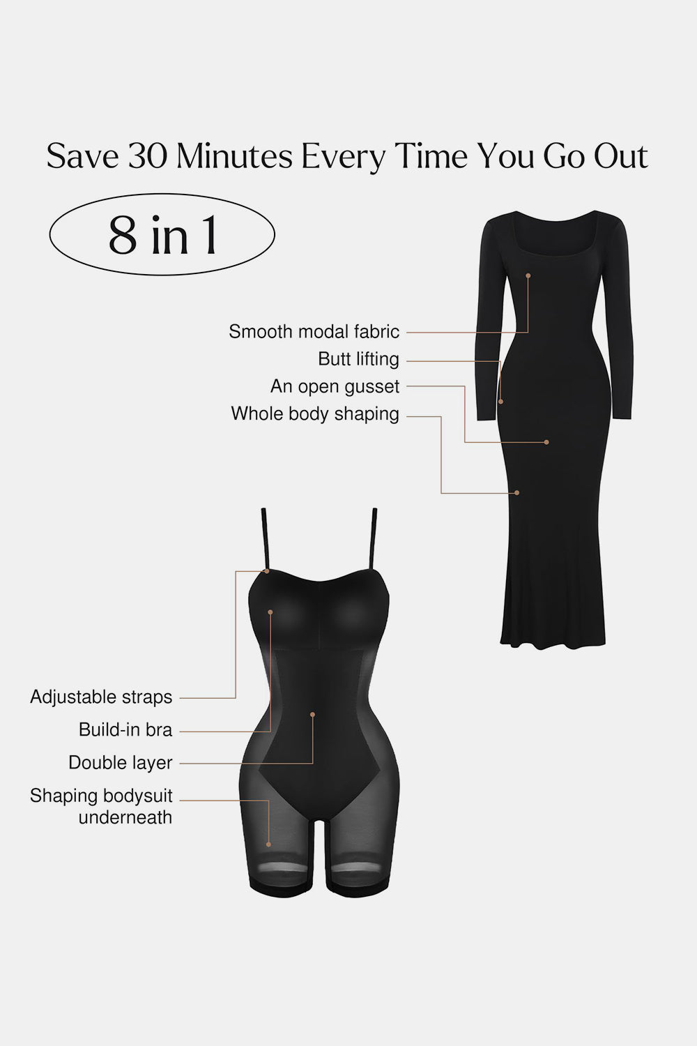 Built-In Shapewear Square Neck Long Sleeve Maxi Dress - Body By J'ne
