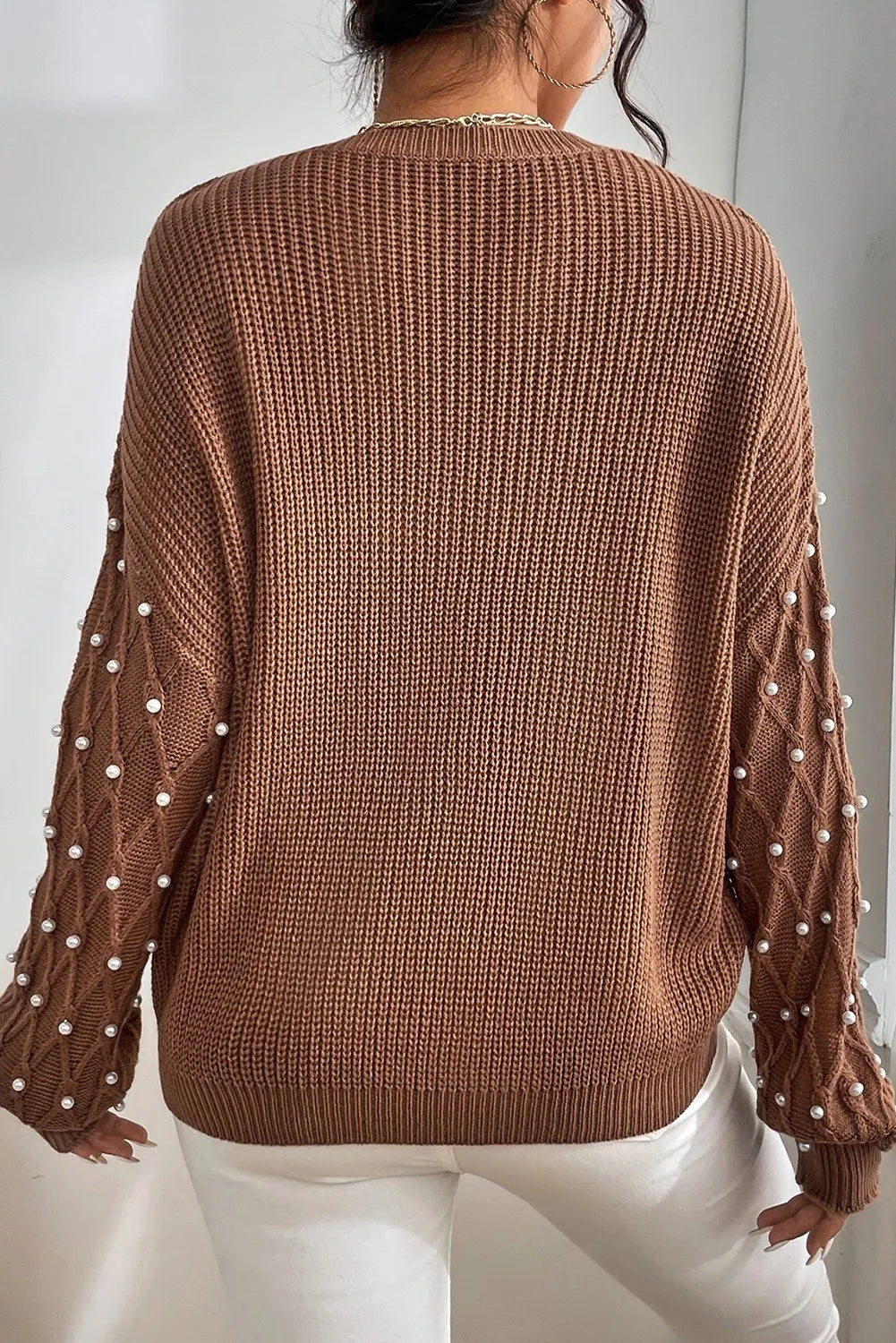 Pearl Detail Round Neck Long Sleeve Sweater