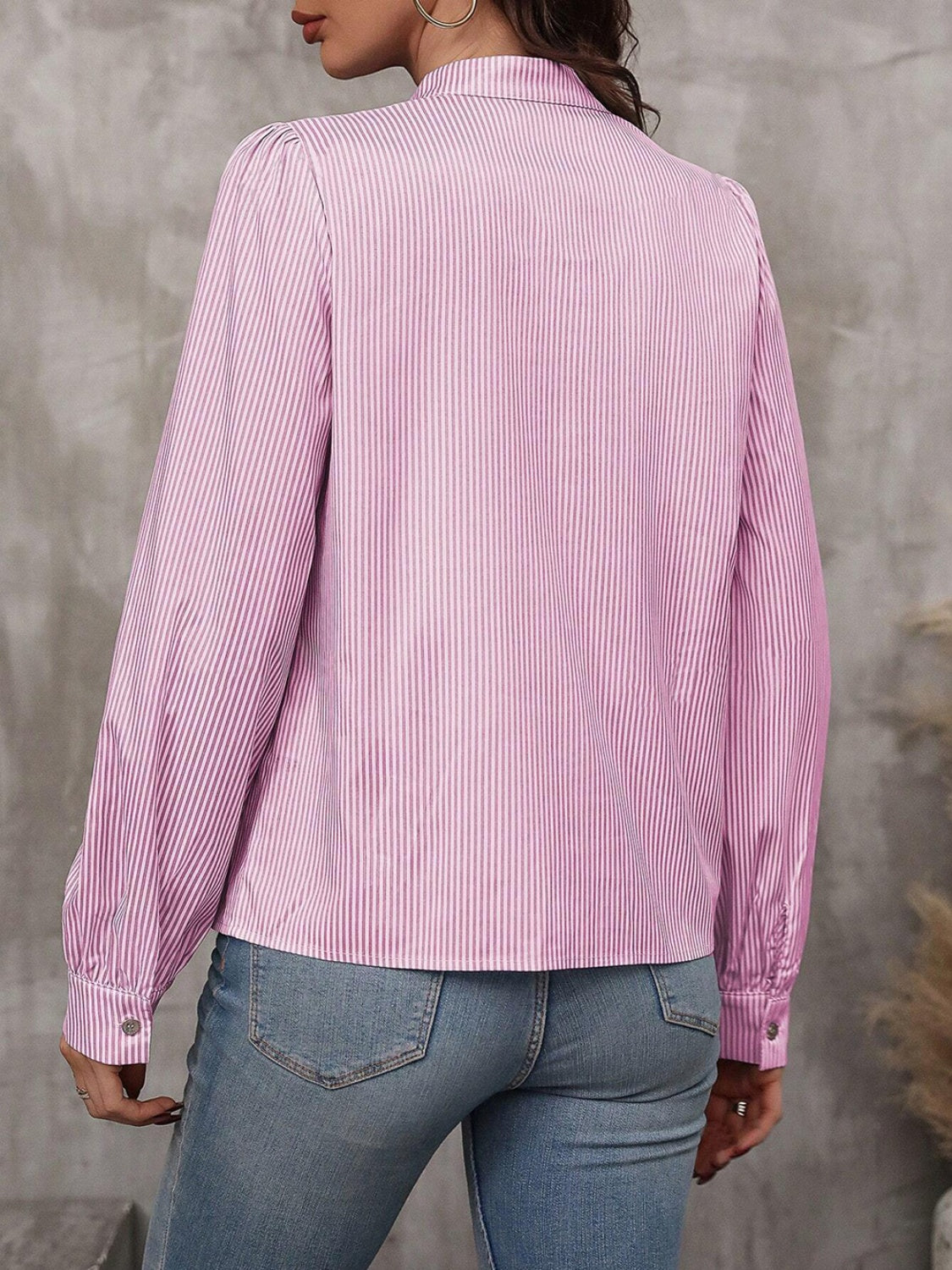 Striped Tie Neck Long Sleeve Blouse - Body By J'ne