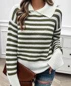 Devine Striped Collared Neck Long Sleeve Sweater