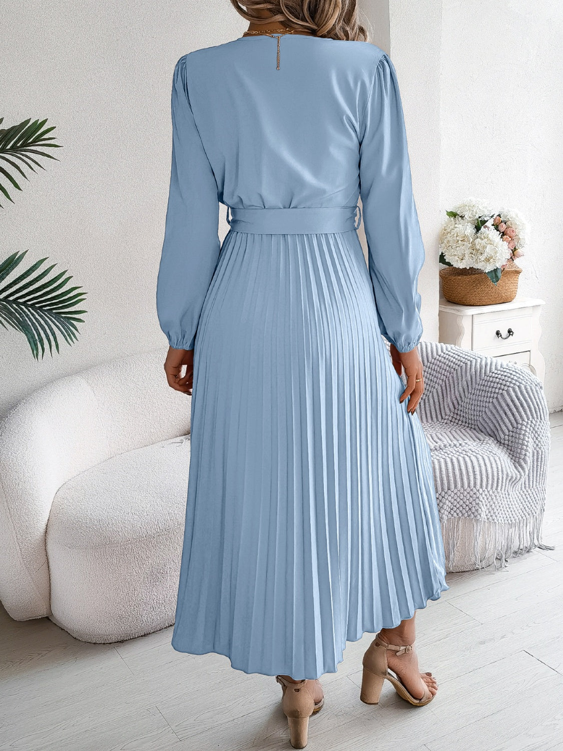 Pleated Tied V-Neck Long Sleeve Dress - Body By J'ne