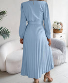 Pleated Tied V-Neck Long Sleeve Dress