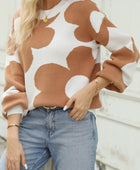 Flower Round Neck Dropped Shoulder Sweater