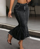 High Waist Denim Godet Skirt with Pockets