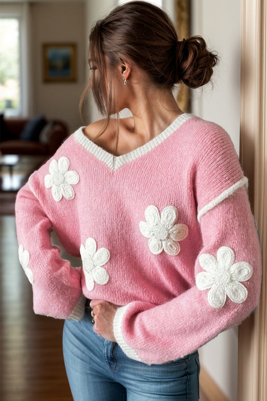 Flower V-Neck Dropped Shoulder Sweater - Body By J'ne