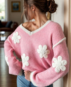 Flower V-Neck Dropped Shoulder Sweater