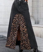 Slit Leopard Midi Denim Skirt