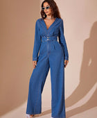 Plunge Long Sleeve Wide Leg Denim Jumpsuit