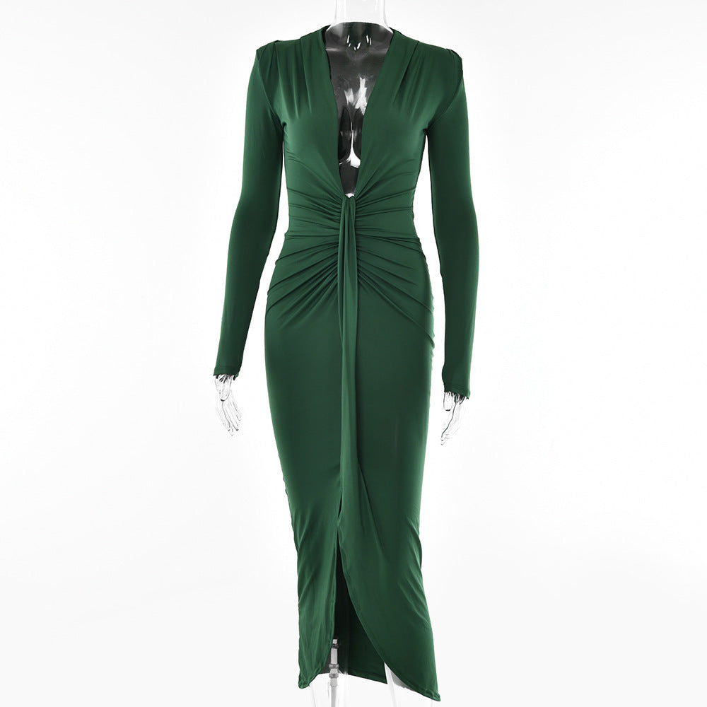 Irregular Long Sleeve Waist Pleated Dress - Body By J'ne