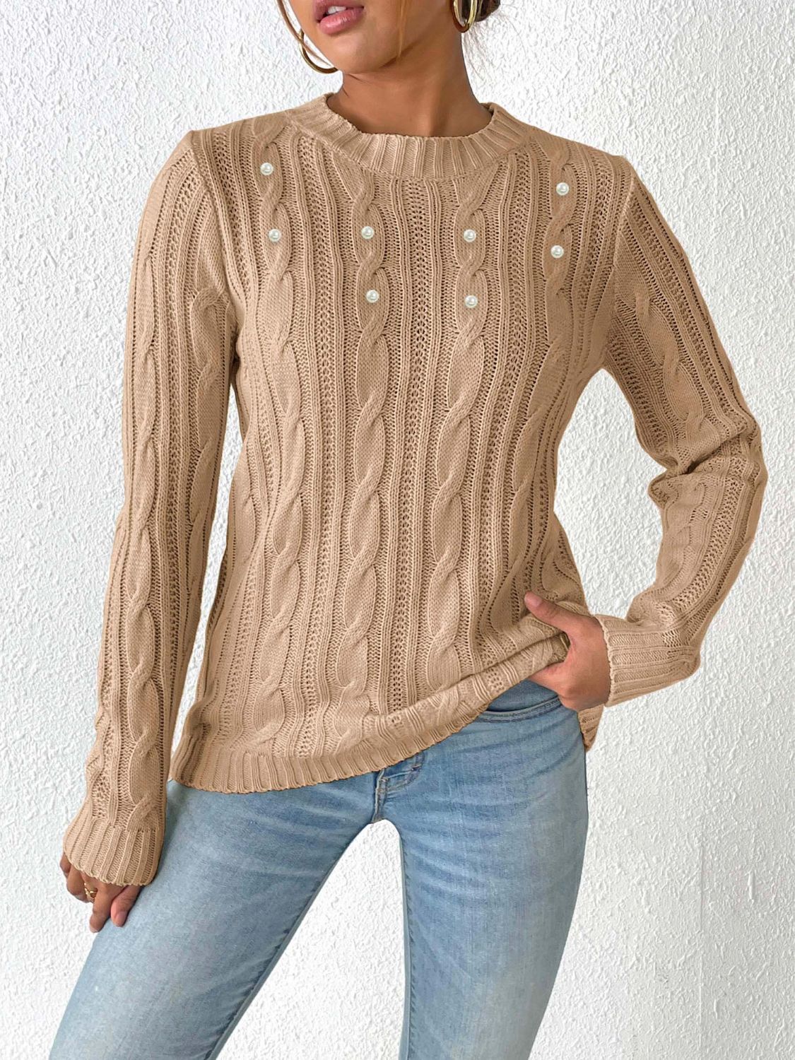 Cable-Knit Round Neck Long Sleeve Sweater - Body By J'ne