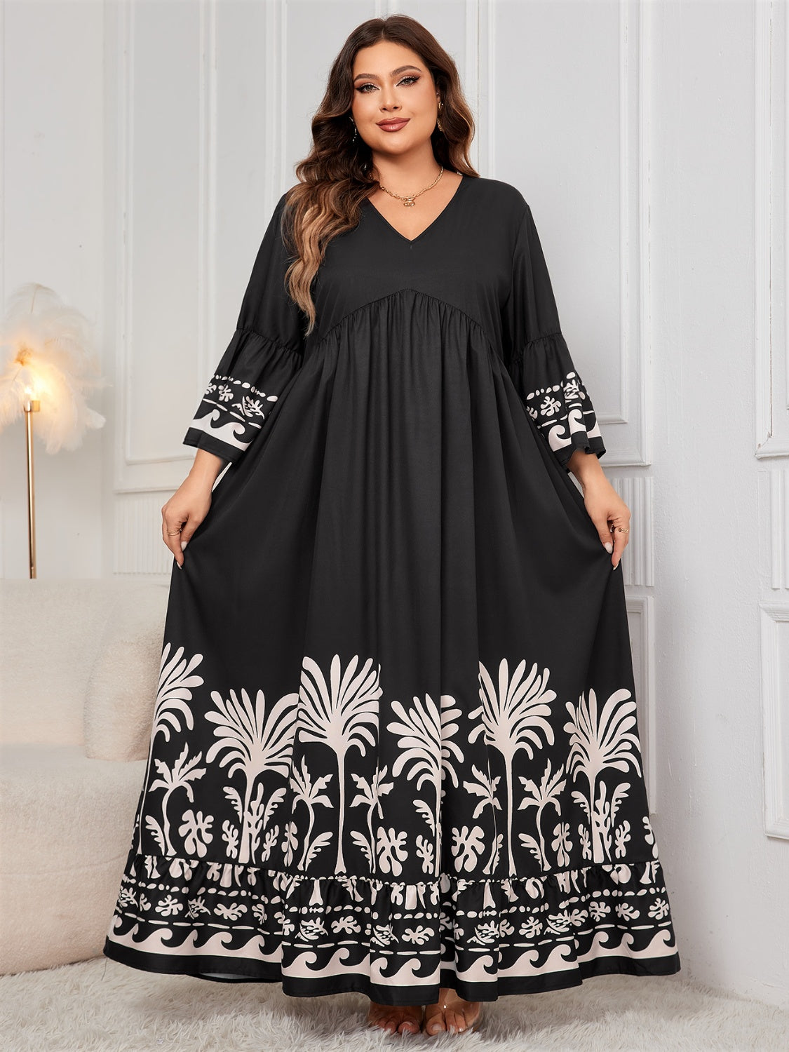 Plus Size Printed V-Neck Long Sleeve Maxi Dress - Body By J'ne