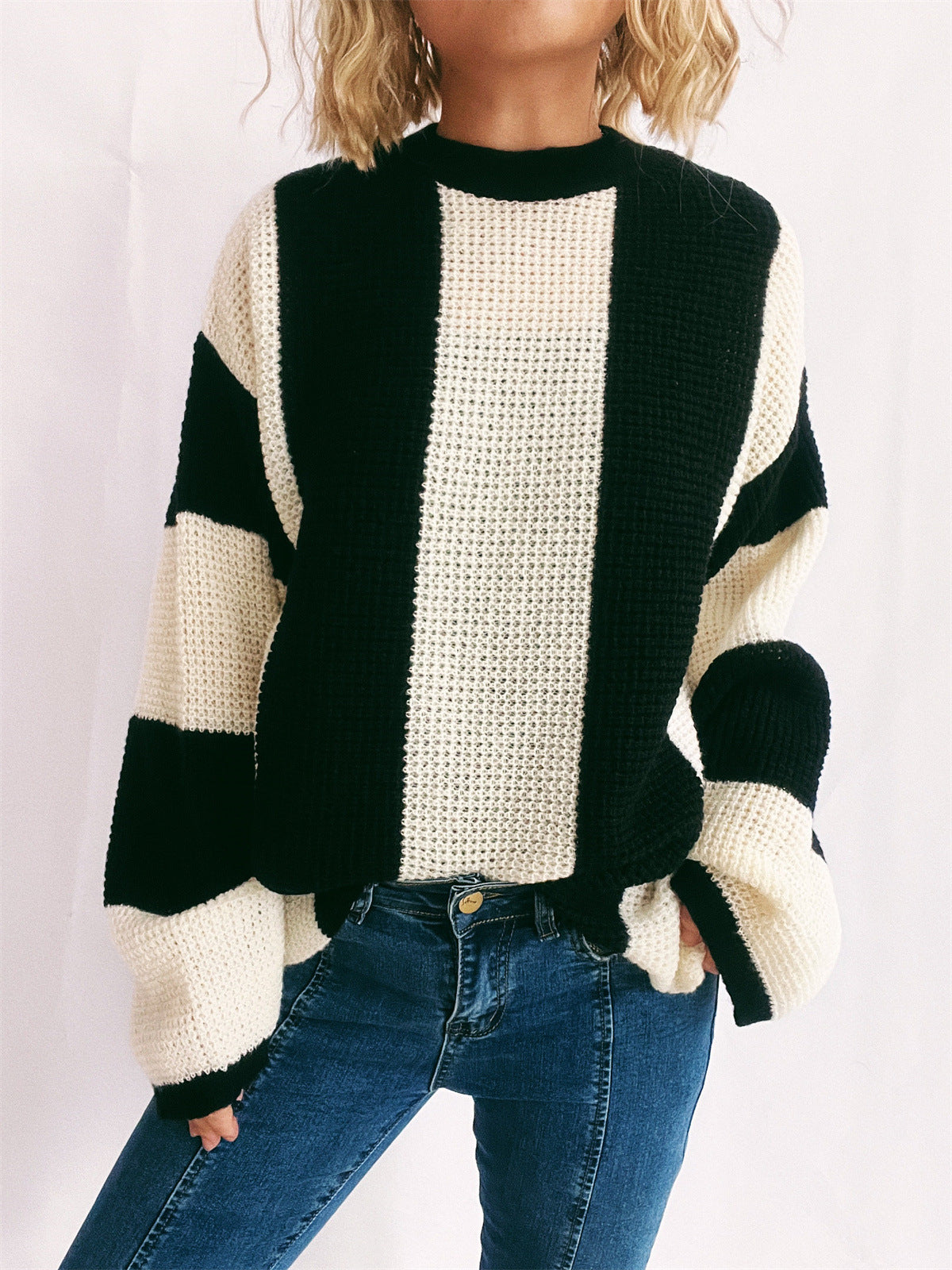 Color Block Round Neck Long Sleeve Sweater - Body By J'ne