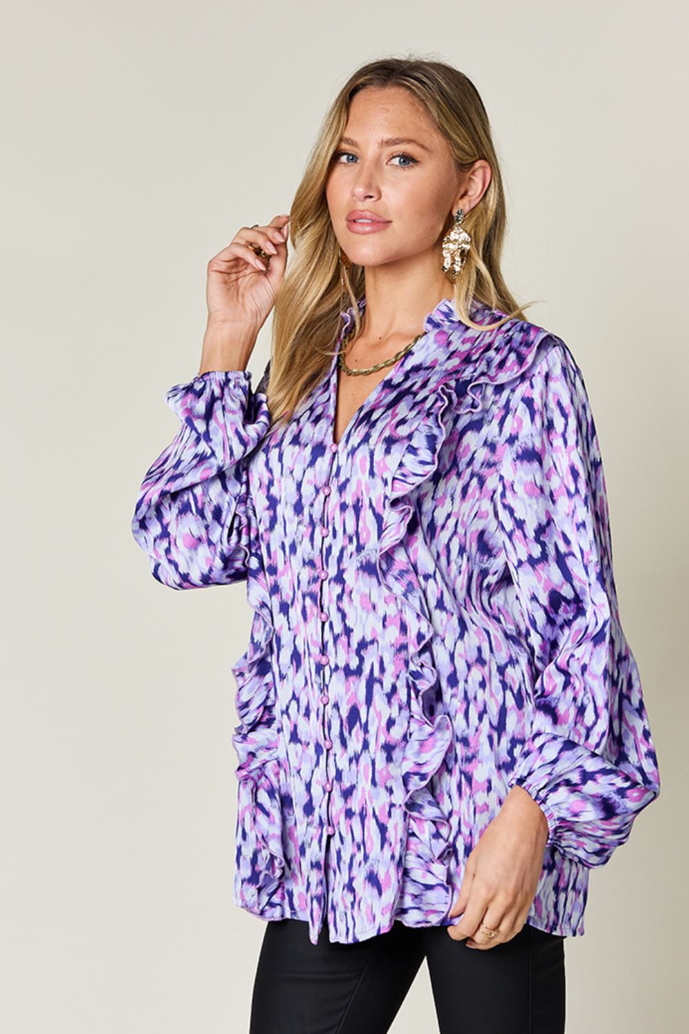 Full Size Printed Ruffle Trim Balloon Sleeve Shirt - Body By J'ne