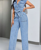 Tied Half Button Denim Jumpsuit with Pockets