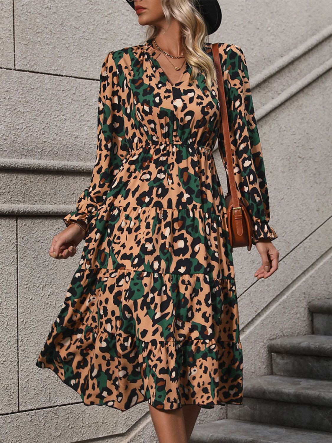 Perfee Leopard Notched Flounce Sleeve Midi Dress - Body By J'ne