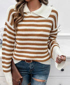 Devine Striped Collared Neck Long Sleeve Sweater