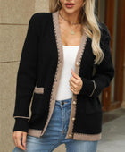 Contrast Trim Button Up Long Sleeve Cardigan