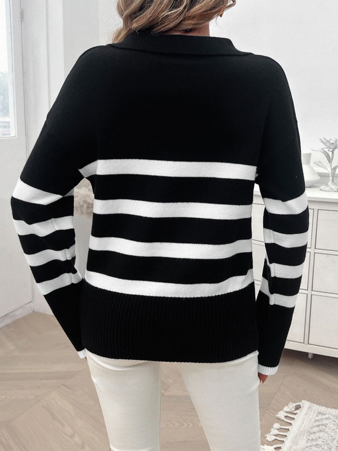 Striped Collared Neck Long Sleeve Sweater - Body By J'ne