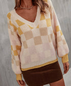 Checkered V-Neck Lantern Sleeve Sweater - Body By J'ne