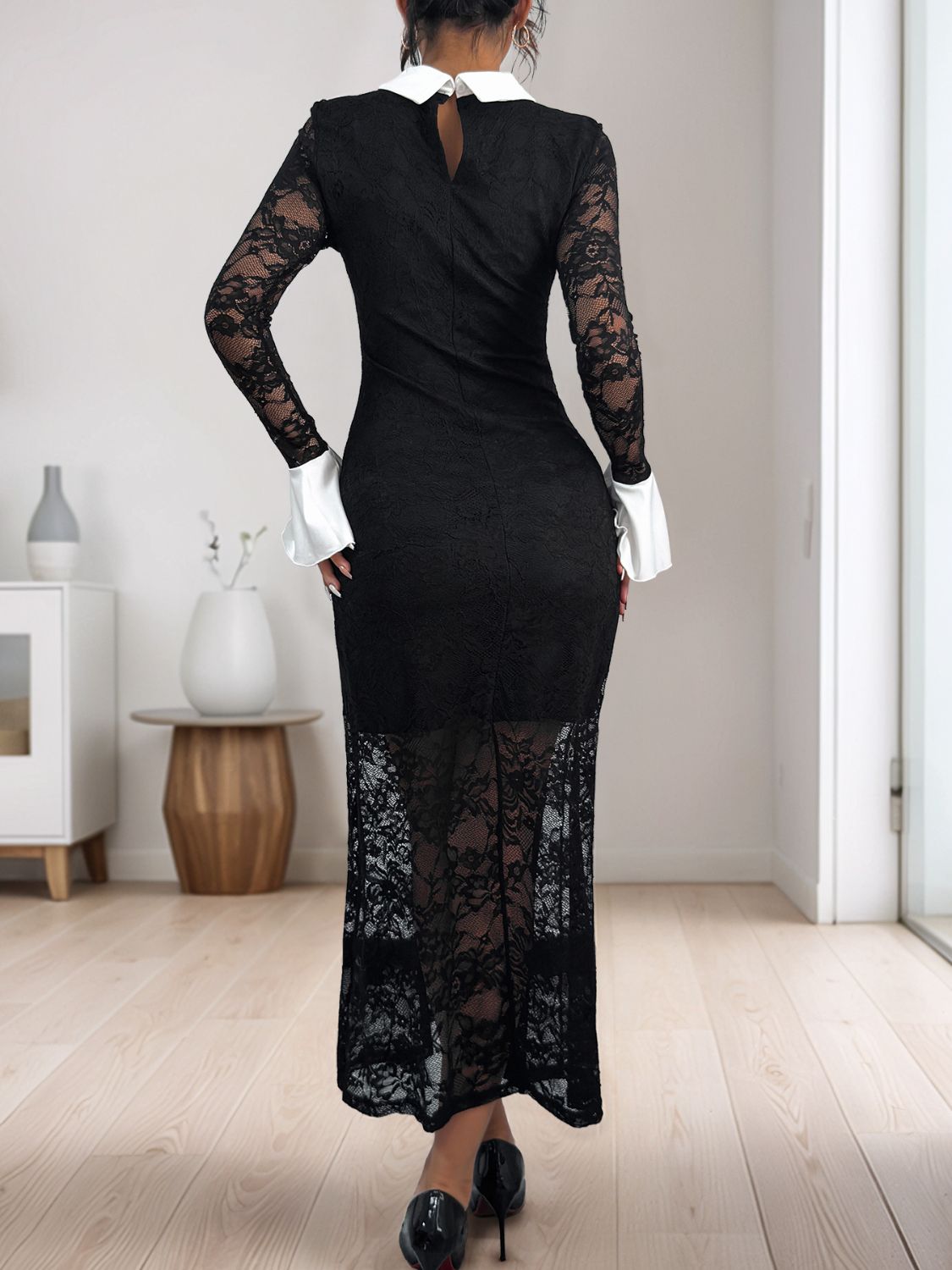 Lace Contrast Collared Neck Long Sleeve Midi Dress - Body By J'ne