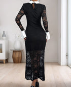 Lace Contrast Collared Neck Long Sleeve Midi Dress