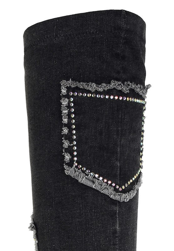 Eilish Rhinestones Knee High Denim Boots - Body By J'ne
