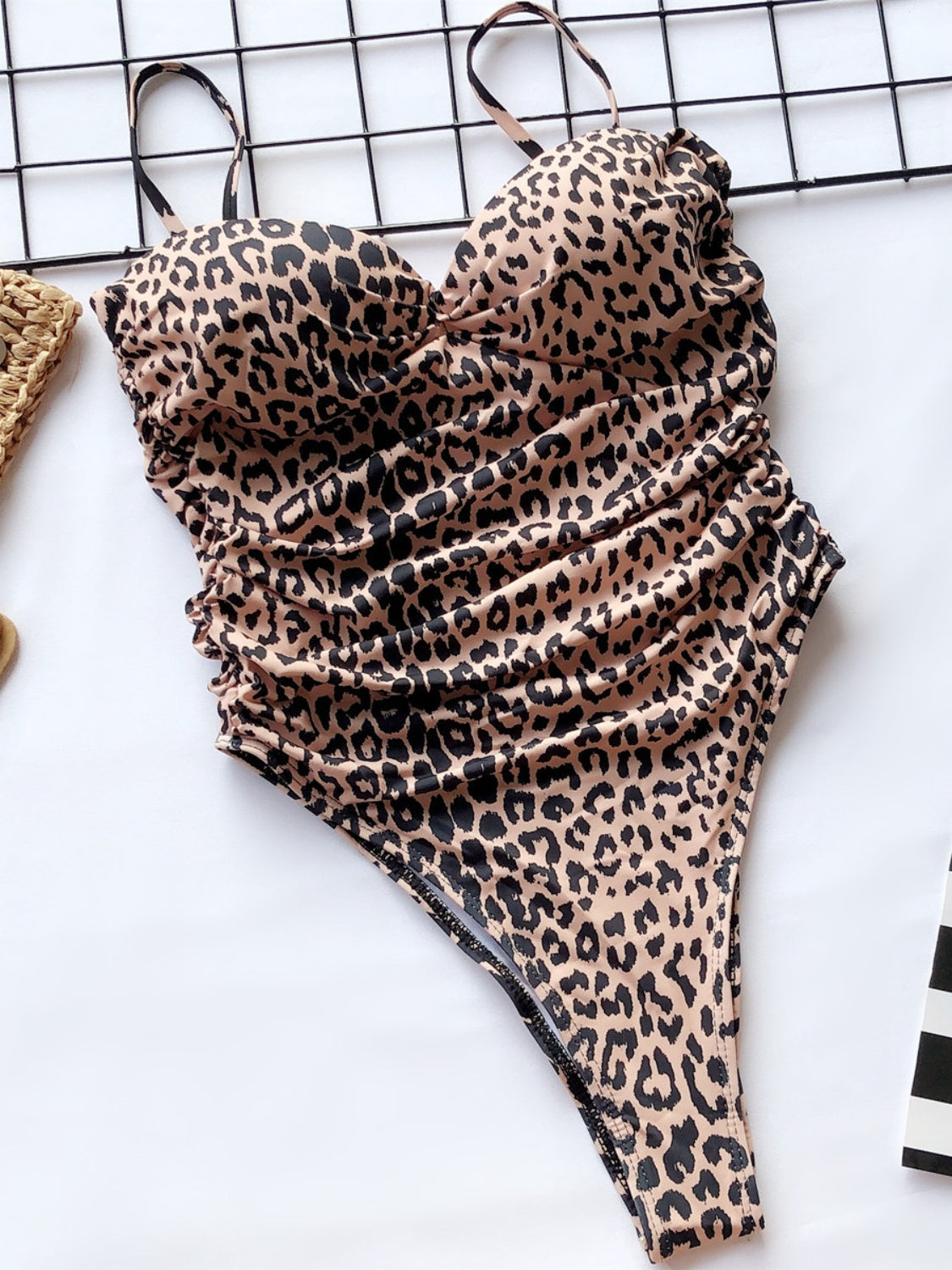 Ruched Leopard Spaghetti Strap One-Piece Swimwear - Body By J'ne