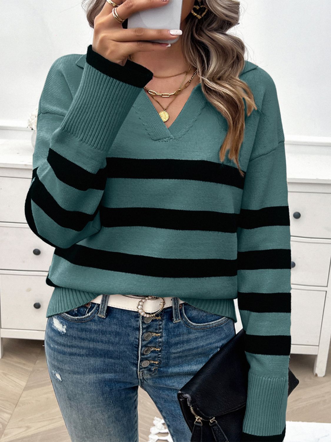 Striped Collared Neck Long Sleeve Sweater - Body By J'ne