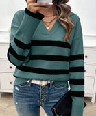 Striped Collared Neck Long Sleeve Sweater