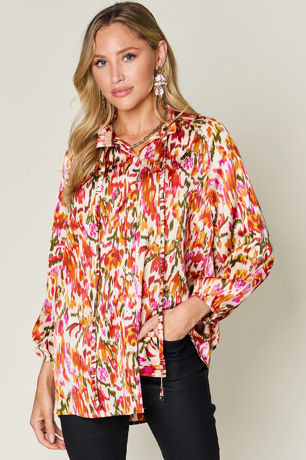 Full Size Printed Button Up Long Sleeve Shirt - Body By J'ne