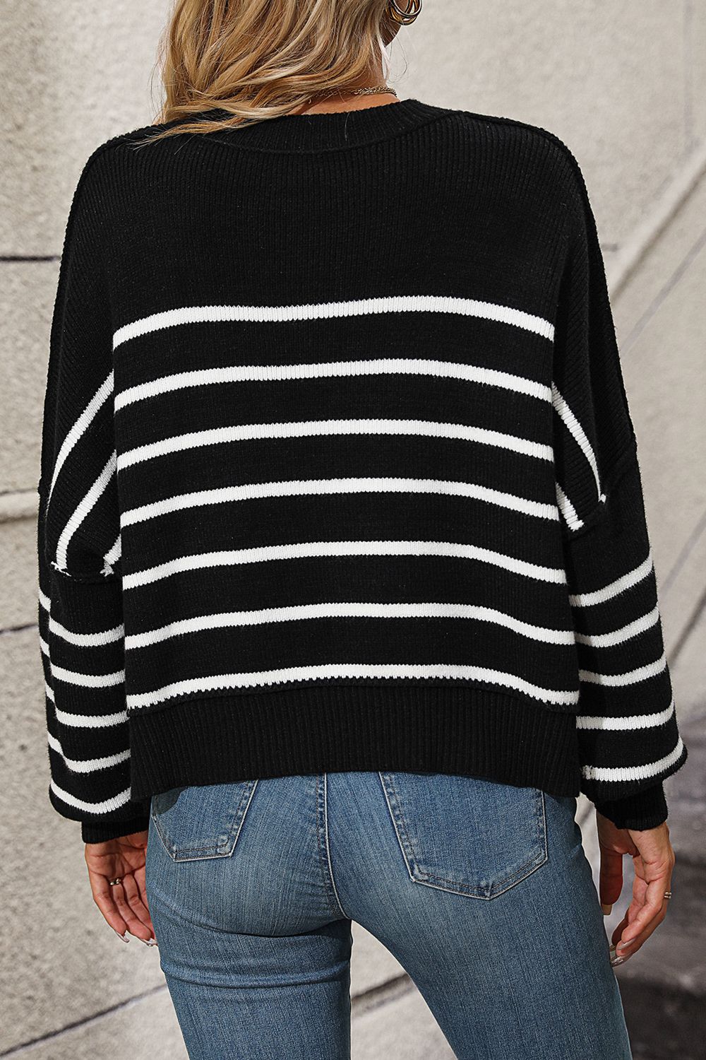 Striped Dropped Shoulder Round Neck Pullover Sweater - Body By J'ne