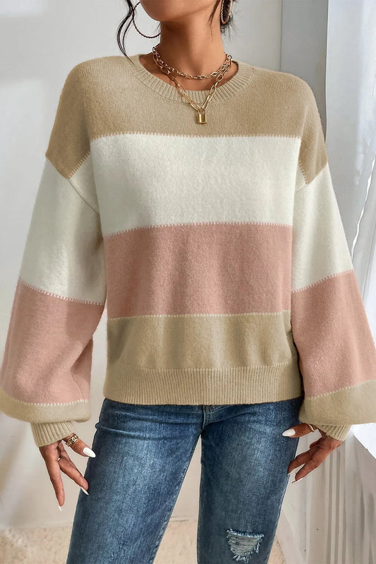Color Block Round Neck Lantern Sleeve Sweater - Body By J'ne