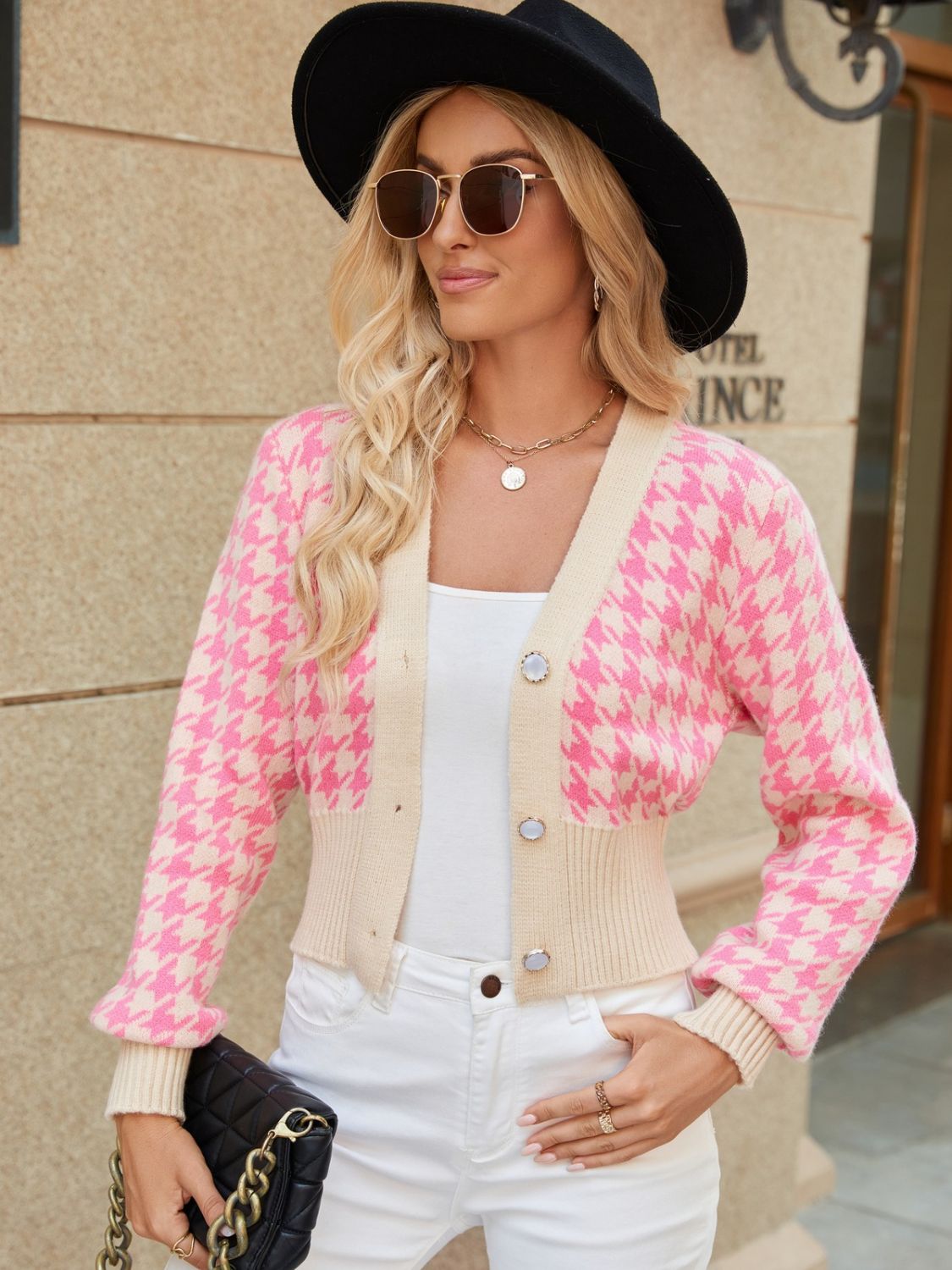 Houndstooth Button Up Long Sleeve Cardigan - Body By J'ne