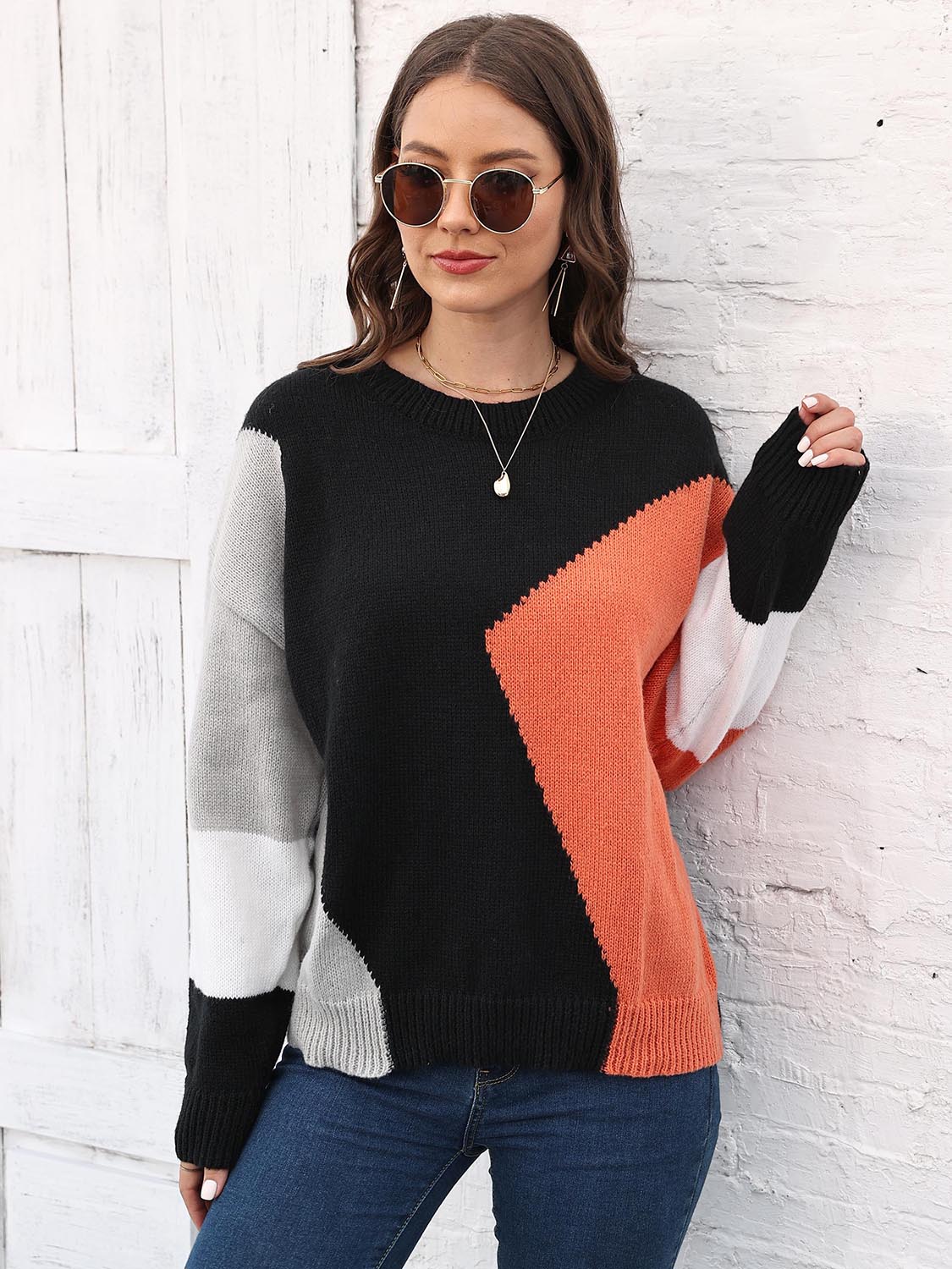 Color Block Round Neck Sweater - Body By J'ne