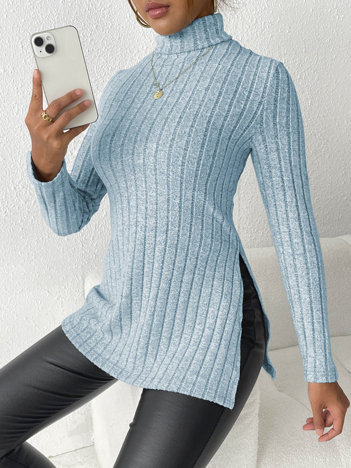 Ribbed Turtleneck Long Sleeve Slit T-Shirt - Body By J'ne