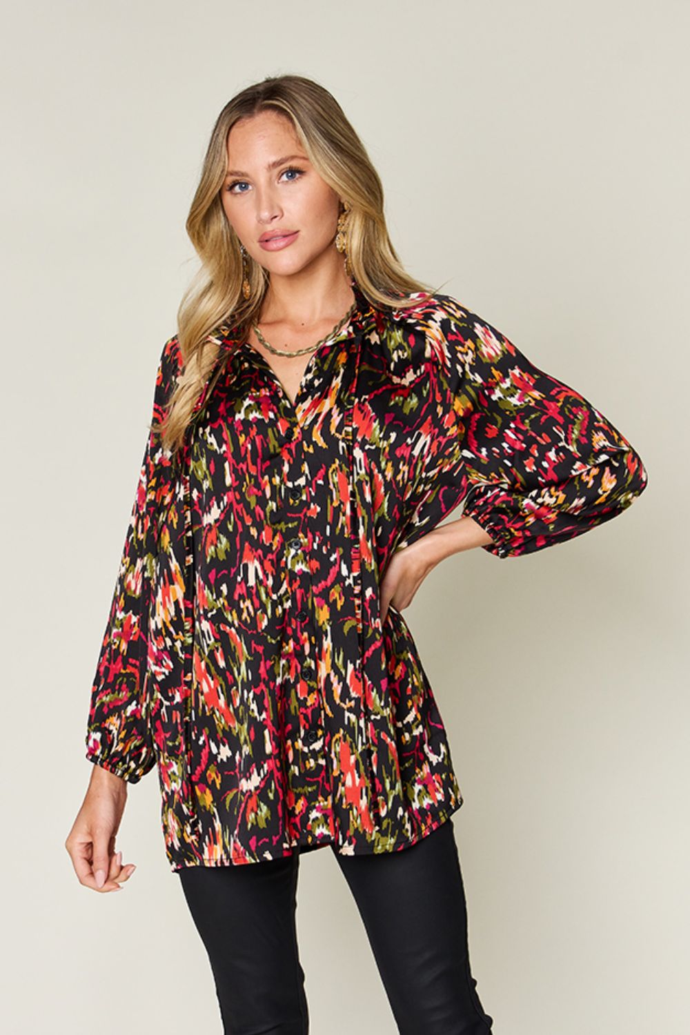 Full Size Printed Button Up Long Sleeve Shirt - Body By J'ne