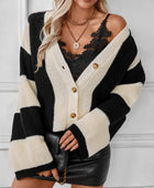 Waffle-Knit V-Neck Striped Long Sleeve Cardigan