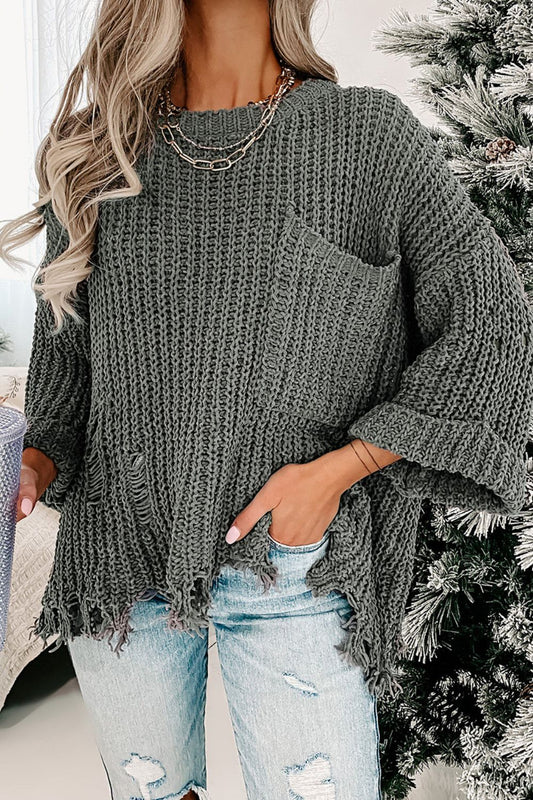 Distressed Round Neck Drop Shoulder Sweater - Body By J'ne