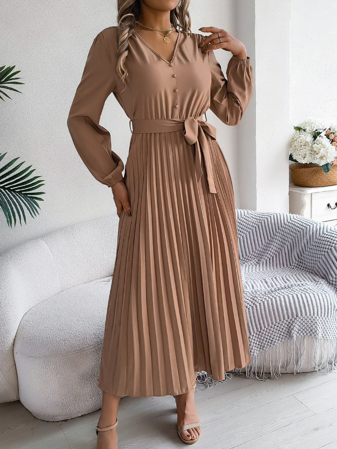 Pleated Tied V-Neck Long Sleeve Dress - Body By J'ne